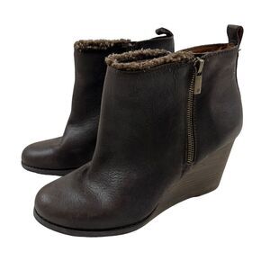 Lucky Brand Yorque Wedge Boots Size 9.5 Brown Leather Faux Fur Lined Side Zip